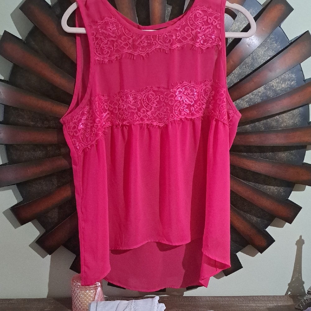 Nicole Pink AsymmetricalLace Embellished Sheer Tank Top Size Xl